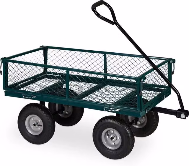 Carrello di trasporto solido per giardino 100 x 60 x 30 cm con sponde ribaltabili e 4 ruote pneumatiche in acciaio verde 13_0011144