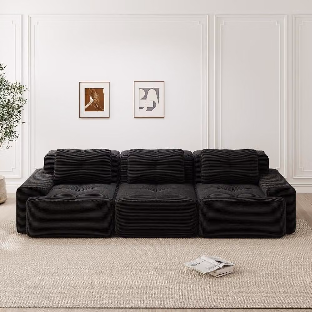 Divano modulare cloud nero, divano a tre posti in tessuto, con seduta profonda di 74 cm, divano angolare a filo pavimento ideale per il soggiorno, senza necessità di montaggio, dimensioni 293x104x69 cm