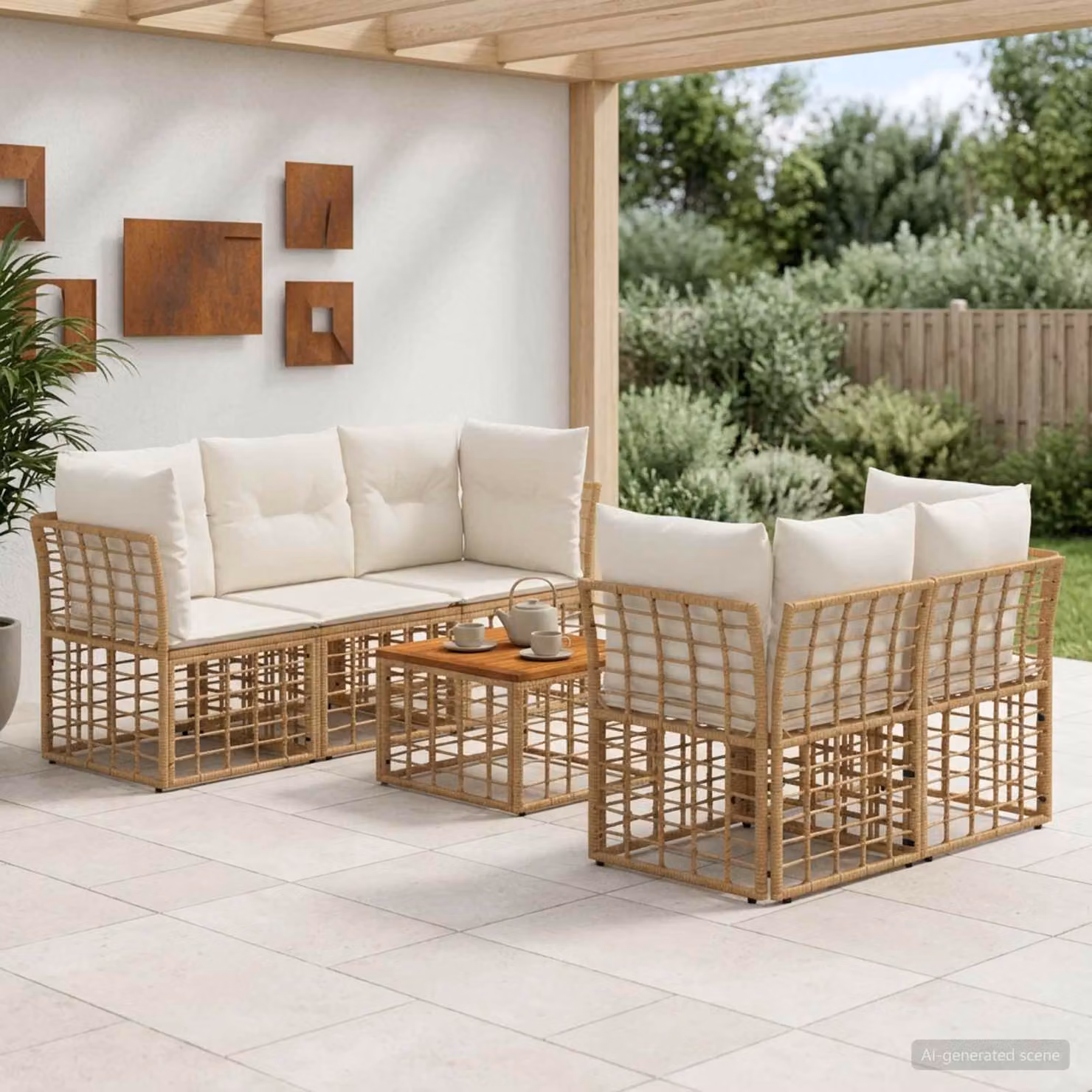Set di divani da esterno vidaXL 6 pezzi con tavolo da caffè, design moderno a forma di L in rattan e metallo, colori beige, bianco e marrone