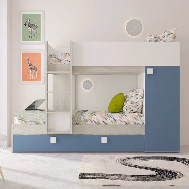 Letto a castello per bambini con letto estraibile e scala, bianco e azzurro, H: 243.6 cm, L: 160.7 cm, P: 110.0 cm