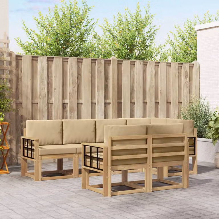 Set di divani da esterno vidaXL 7 pz in legno di acacia con cuscini Bianco, Beige e Marrone