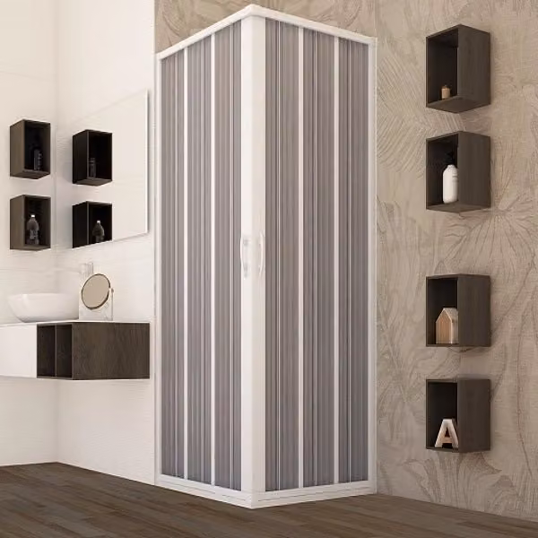 Box doccia angolare LEDA bianco con ante a soffietto in PVC effetto frosted L 70 x P 70 x H 185 cm