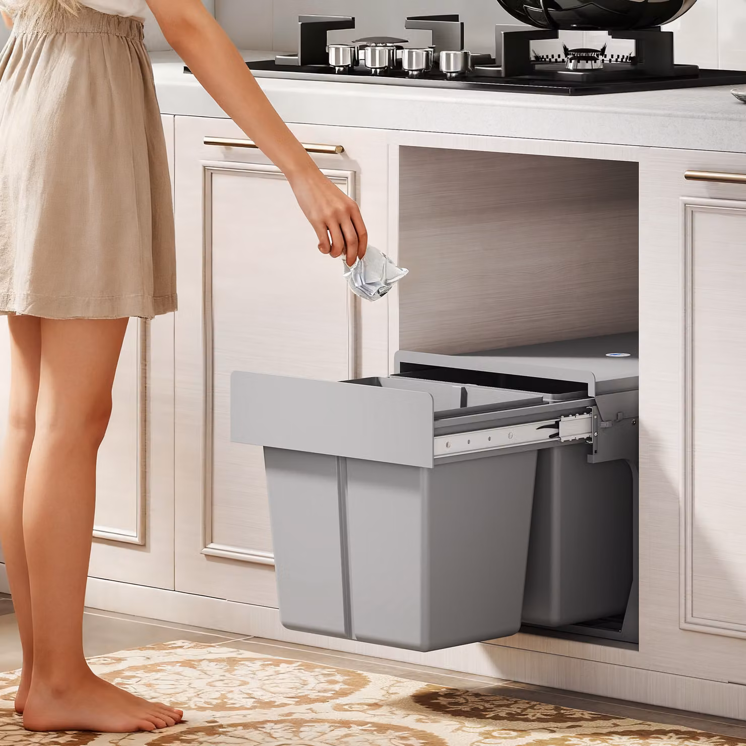 Cestino estraibile sotto lavello HOMCOM con 2 contenitori rimovibili, capacità totale 30 L, Grigio Chiaro – 2
