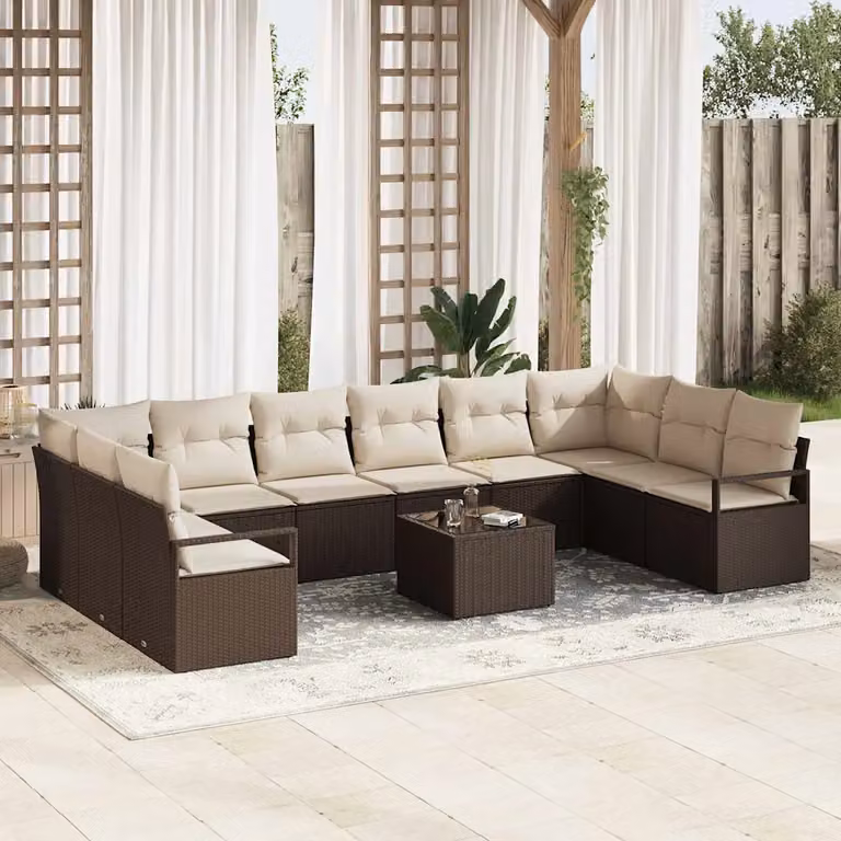 Set Divano da Giardino vidaXL 11 pz a forma a U in Polyrattan Marrone e Beige con Cuscini e Tavolino