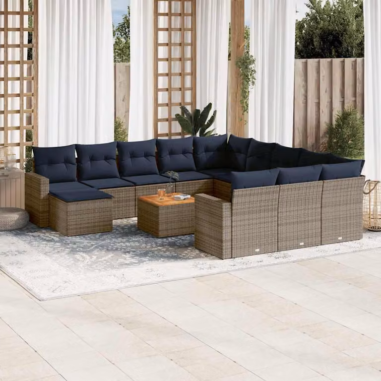 vidaXL Set di Divani da Giardino a L in Polyrattan con Cuscini, Colore Grigio e Blu