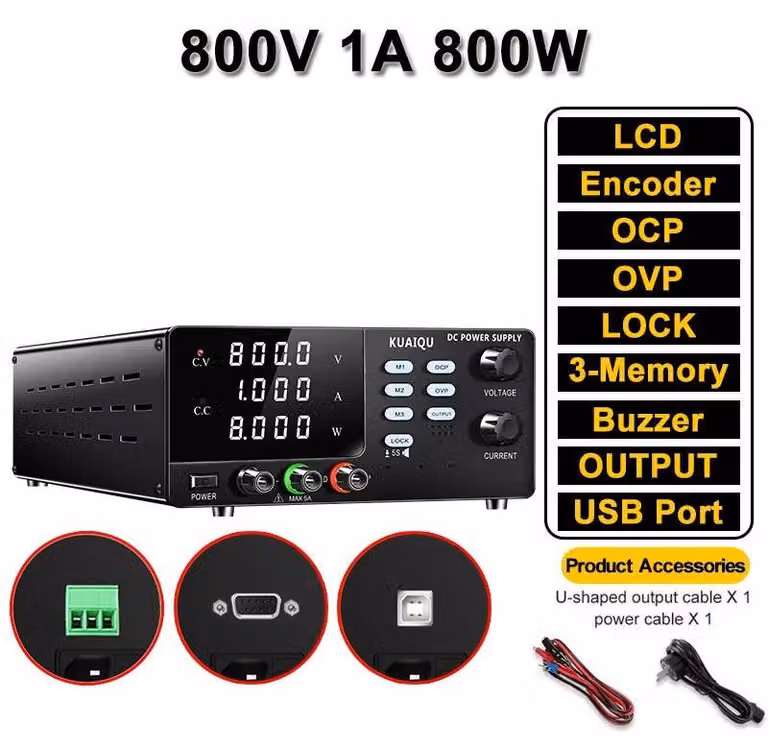 Alimentatore da laboratorio CC - Alimentatore da laboratorio ad alta tensione - 0–800 V, 1 A, 800 W - Tensione di uscita regolabile - Protezioni OCP e OVP - Test di tenuta di isolamento - RS232, RS485, USB
