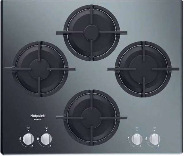 Piano cottura a gas Hotpoint Diamond da 60 cm con 5 fuochi, griglie in ghisa e finitura in vetro nero e argento