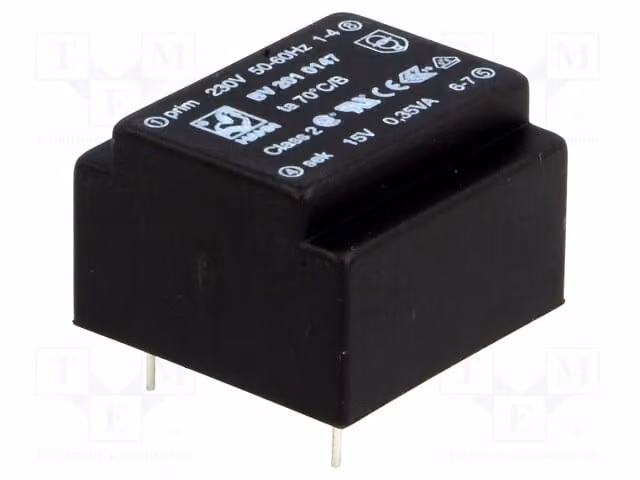 1 trasformatore: rivestito, 15V, 23mA, 0,35VA, 230VAC. Montaggio: BV 201 0147 - Trasformatore