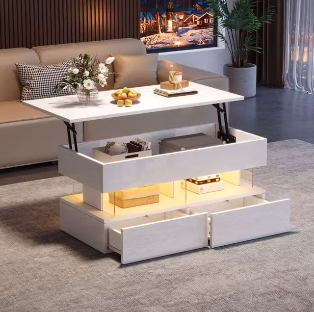 Tavolino da salotto moderno MODFU bianco con meccanismo sollevabile e finitura lucida L/P/H: 100 x 50 x 46 cm – 1
