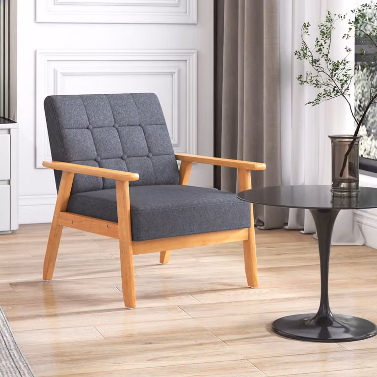 Poltrona moderna Costway con braccioli imbottita in lino e telaio in legno massiccio di gomma, Grigio