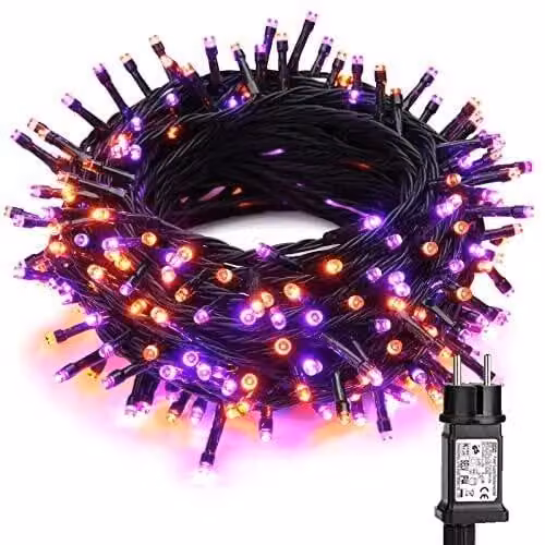 Catena luminosa da 20 metri, con 200 LED, color lilla/arancione, 8 modalità, impermeabile