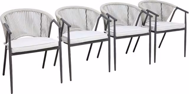 Set di 4 sedie da giardino impilabili Sweeek in acciaio verniciato a polvere e corda beige con cuscini inclusi