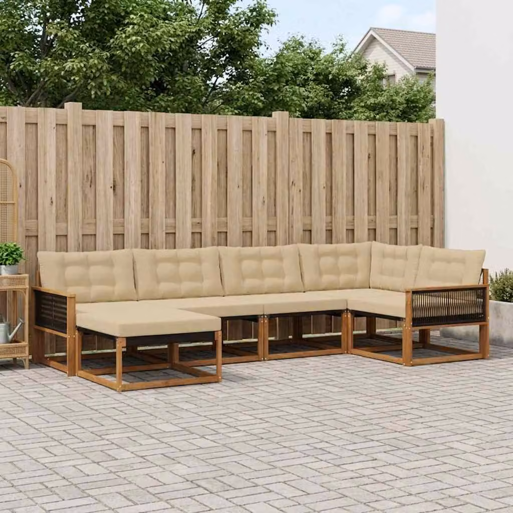 Set di divani da esterno vidaXL a forma di L composto da 6 pezzi in legno di acacia con cuscini beige e ottoman