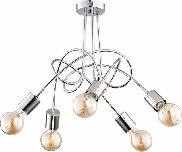 Lampadario a soffitto Alfa Tango in metallo cromato argento con paralumi in vetro trasparente, 5 x E27