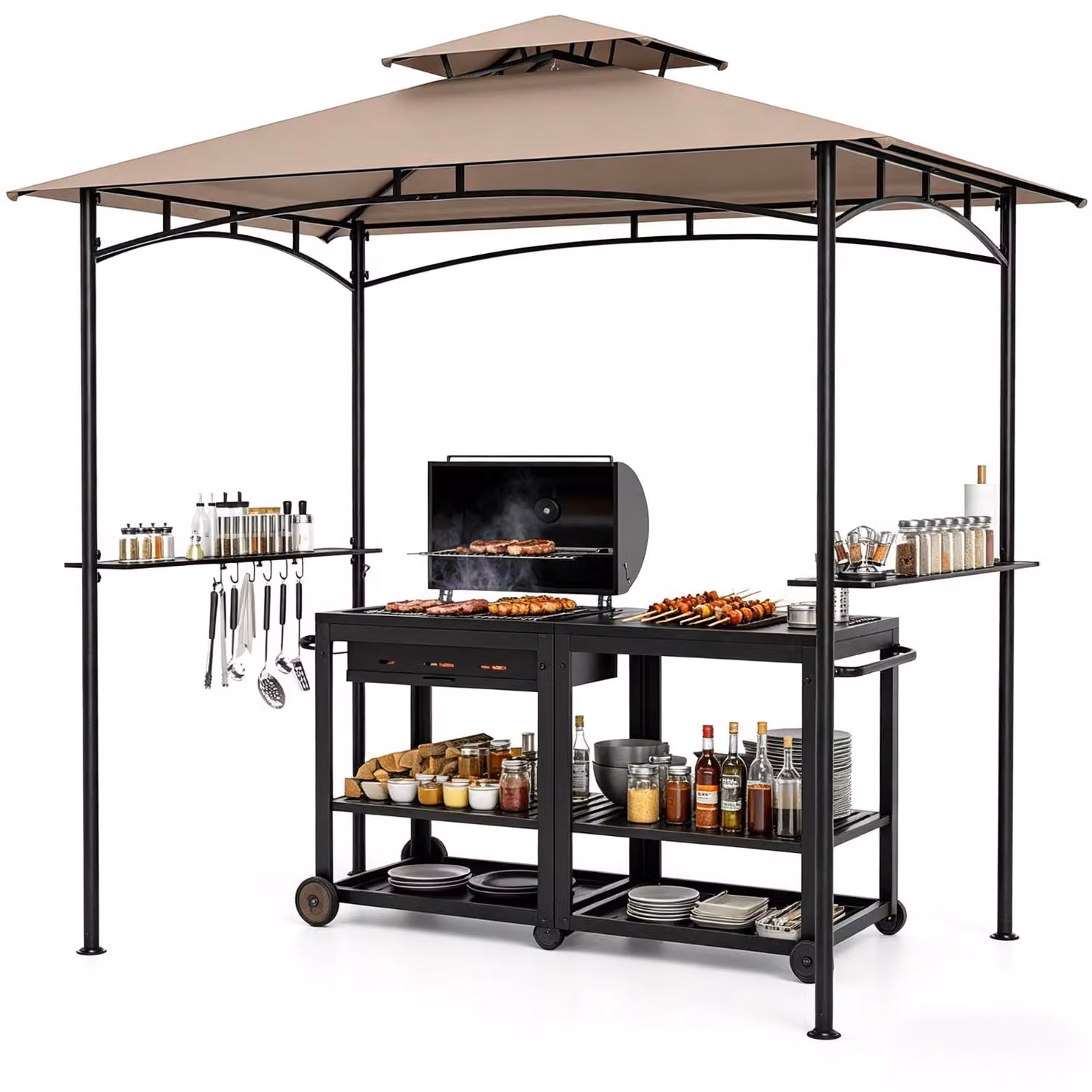 KOMFOTTEU, Gazebo per barbecue con tetto a doppia falda e protezione solare, pensilina per barbecue con 2 ripiani laterali e 6 ganci, struttura di copertura per barbecue con telaio in metallo, ideale per giardino, feste e terrazza, dimensioni 242 x 150 x