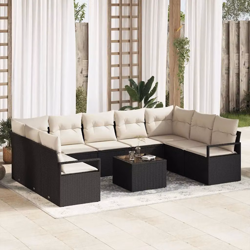 Set di divani da giardino vidaXL a forma di U con cuscini beige e struttura in rattan nero e metallo – 1