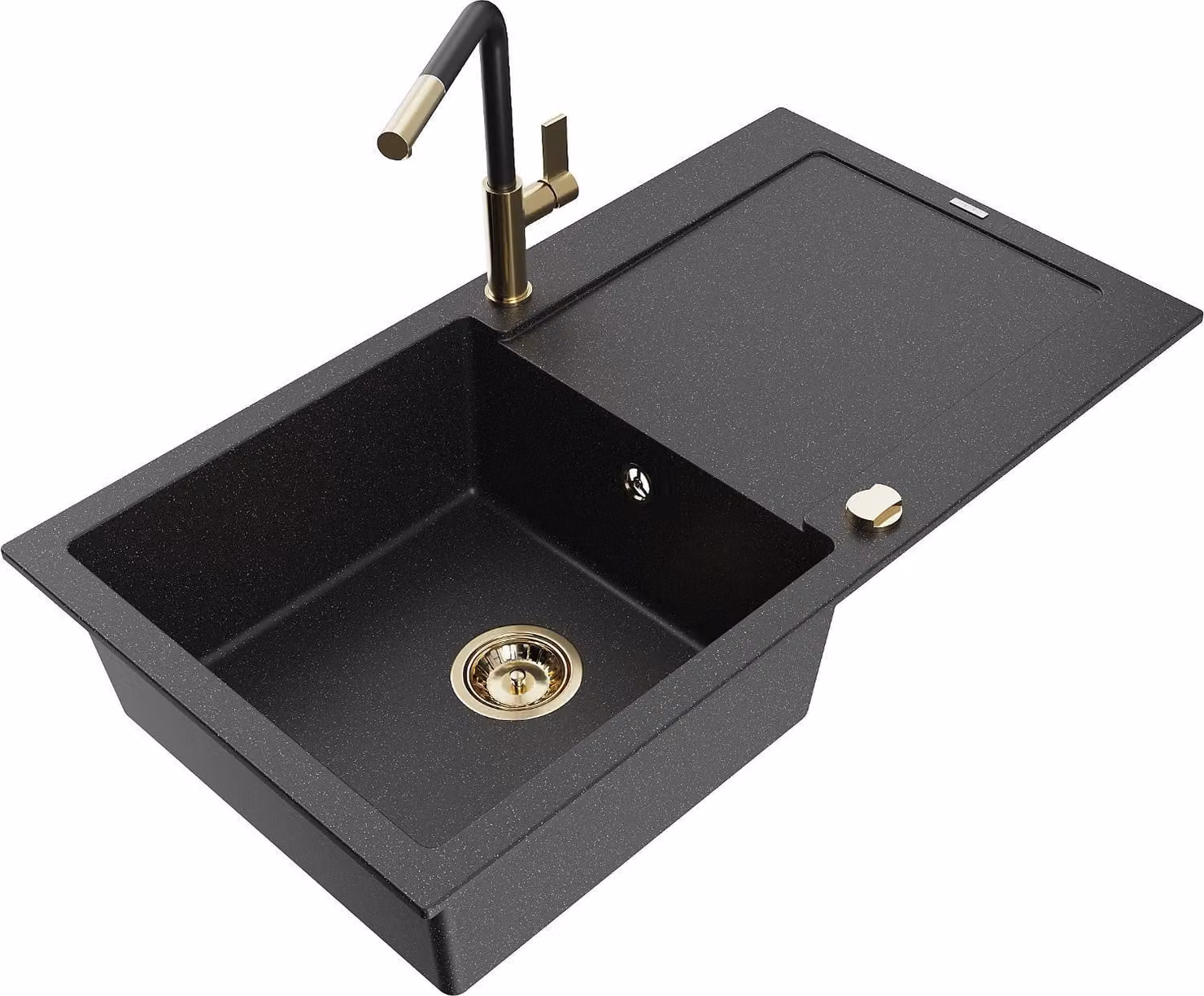 Mexen Leo lavello in granito a 1 vasca con sgocciolatoio e rubinetto da cucina Flora, nero/argento metallizzato