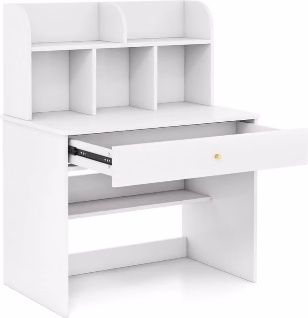 Scrivania in legno per bambini con mensola e cassetto spazio di stoccaggio, Tavolo da scrittura per lettura 80x48x102cm Bianco