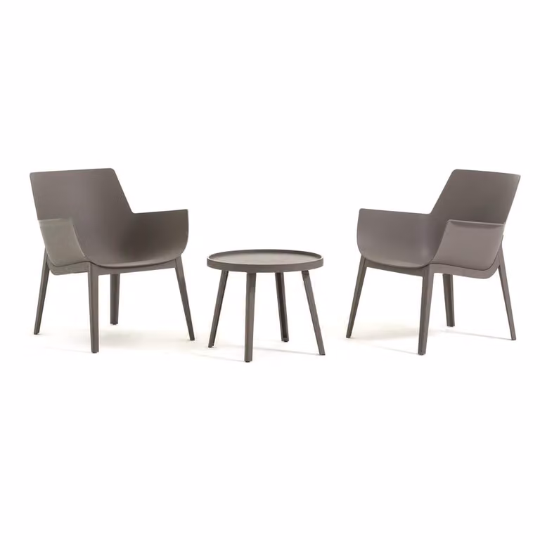 Set di 2 sedie da giardino in plastica rinforzata con fibra di vetro e tavolo coordinato - design moderno, ergonomico e resistente alle intemperie, ideale per il giardino, il patio e la piscina - BETTY - Taupe