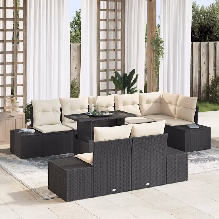 Set Divano da Giardino a L vidaXL in Polyrattan con Tavolino da Esterno e Cuscini, 9 Pezzi, Nero e Beige