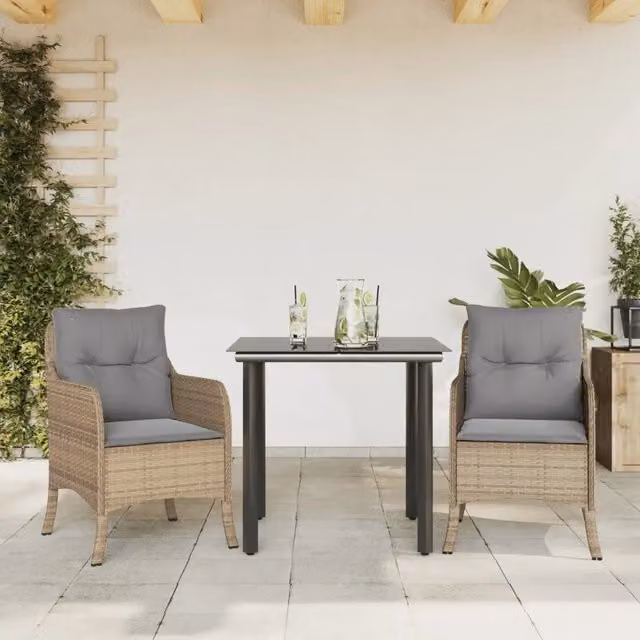 Set da pranzo da giardino vidaXL in polyrattan con cuscini beige e tavolo in vetro