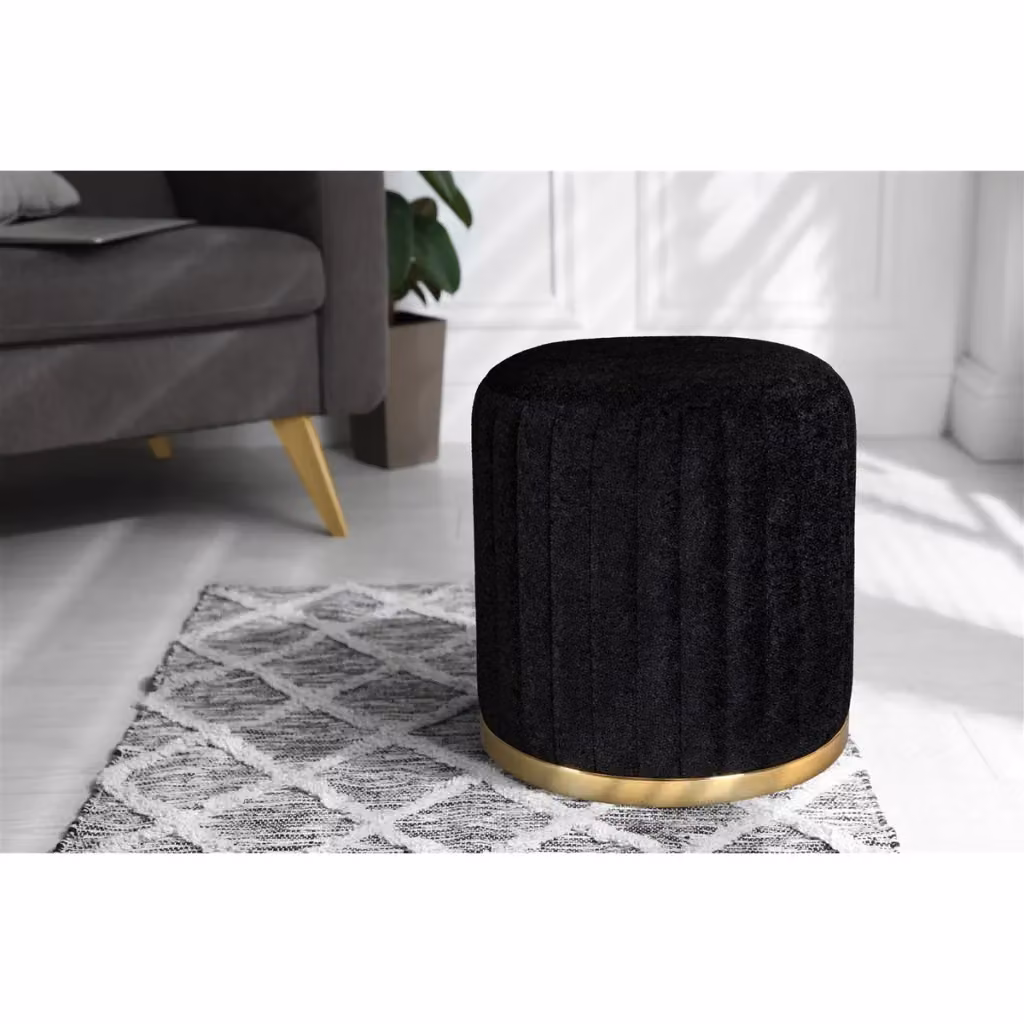 Pouf cilindrico Doric in velluto nero con base dorata lucida Kendra Home – 2