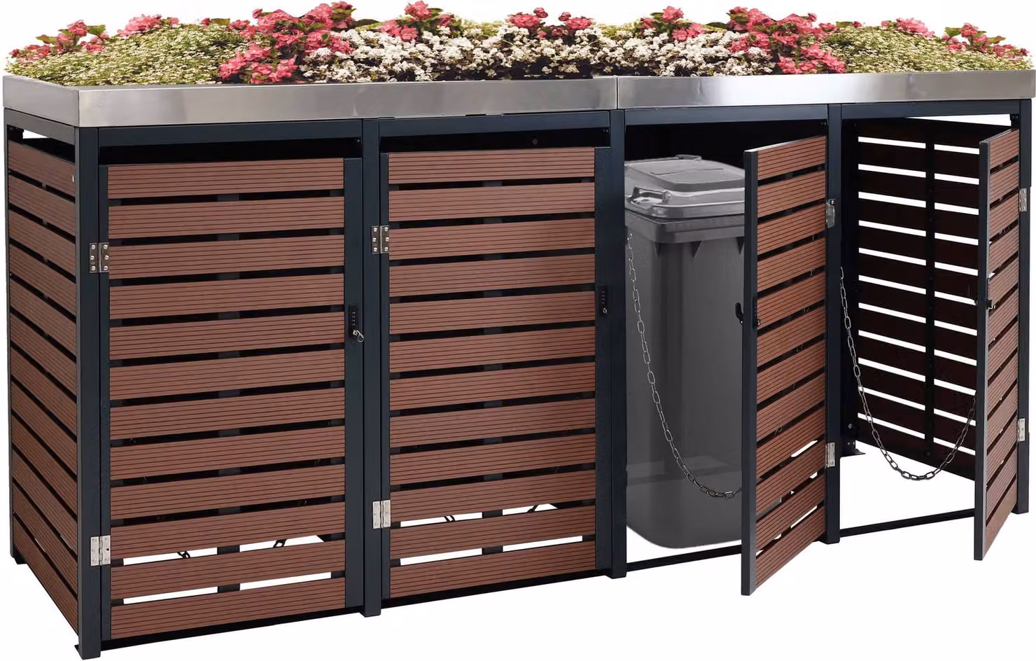 4 contenitori per rifiuti HWC-K14, contenitore per rifiuti con fioriera, 124x265x84cm WPC acciaio inox 132kg ~ aspetto legno di noce