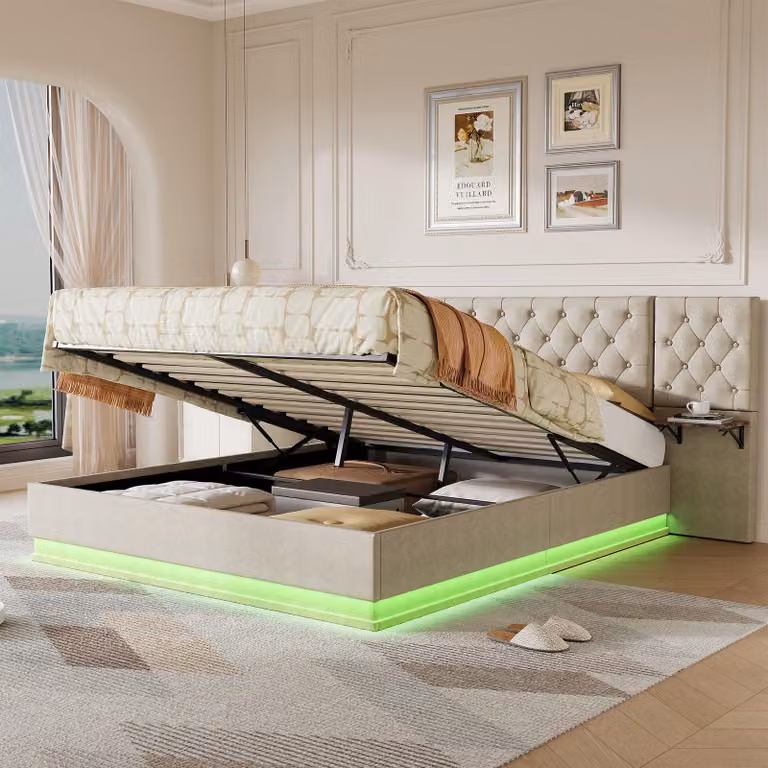 Letto imbottito REMZETTA, 140 x 200 cm, per adulti, con contenitore, rete a molle idraulica, luci LED RGB, porta USB-C, ricarica wireless e ripiani, color beige