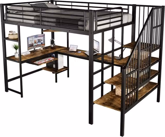 Letto a castello REDOM con scrivania e porta di ricarica USB, Nero e Noce scuro, L/P/H: 200 x 120 x 170 cm