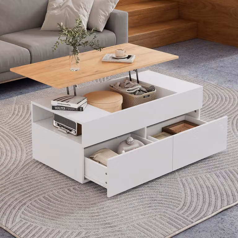 Tavolino Merax regolabile in altezza 100x50cm con 2 cassetti e vano portaoggetti nascosto, tavolino da divano in look legno bianco, tavolino con funzione di sollevamento, moderno per il soggiorno