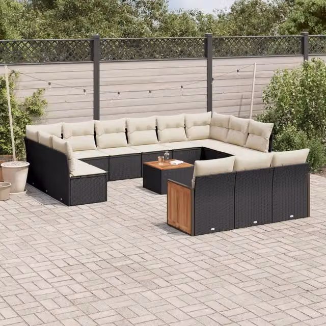 Set di divani da giardino a forma di U VIDAXL in polyrattan nero con 14 pezzi e cuscini inclusi – 1