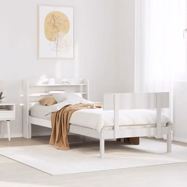 Struttura Letto Design Mania in Legno Massello di Pino Bianco con Ripiani Laterali L/P/H: 222.5 x 100 x 151 cm