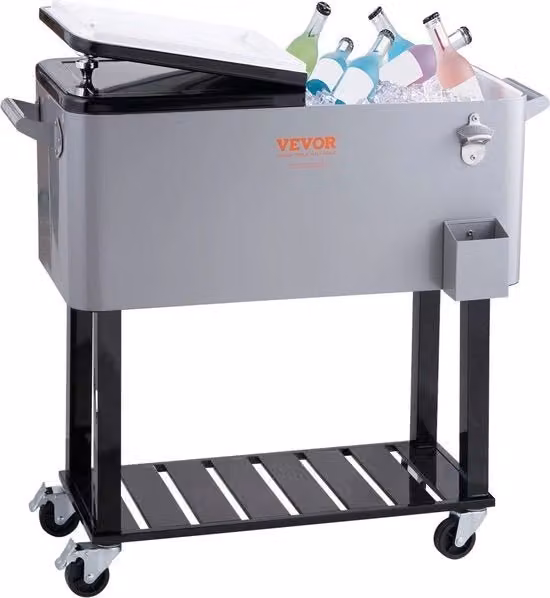 Carrello Refrigerante Rotolante - Cooler per Bar - Grigio - 80 Qt - Carrello per Bere - Portatile - Per Terrazza, Giardino, Festa - 46x93x89cm