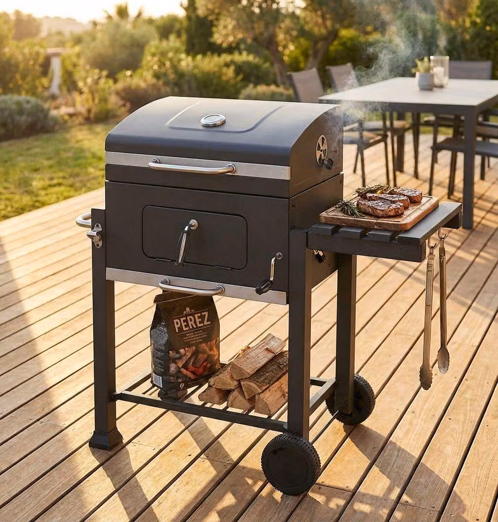 Milani Home - barbecue a carbonella, acciaio, con coperchio e ruote, antracite