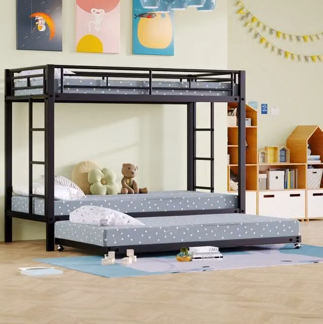 Letto a castello 90x200 cm nero in metallo, con letto estraibile, senza materasso