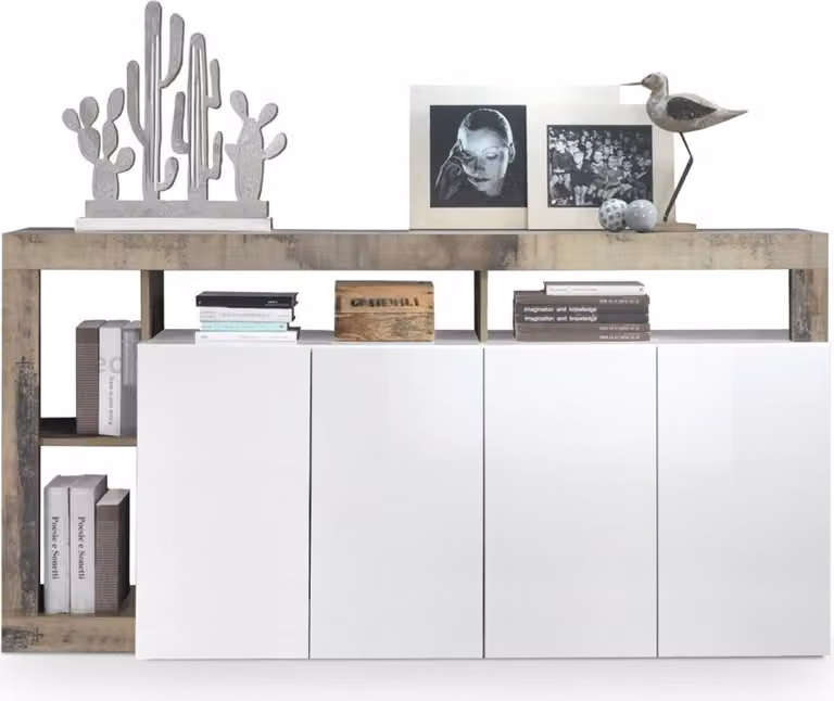 Buffet BURA – 4 porte – Bianco lucido e rovere chiaro – Design moderno – L184 cm