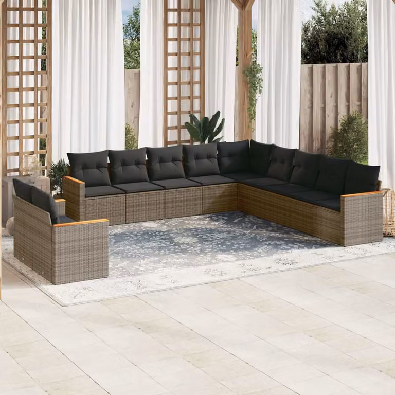vidaXL Set Divani da Giardino a L 11 pz in Polyrattan Grigio con Cuscini Imbottiti e Rivestimenti Rimovibili