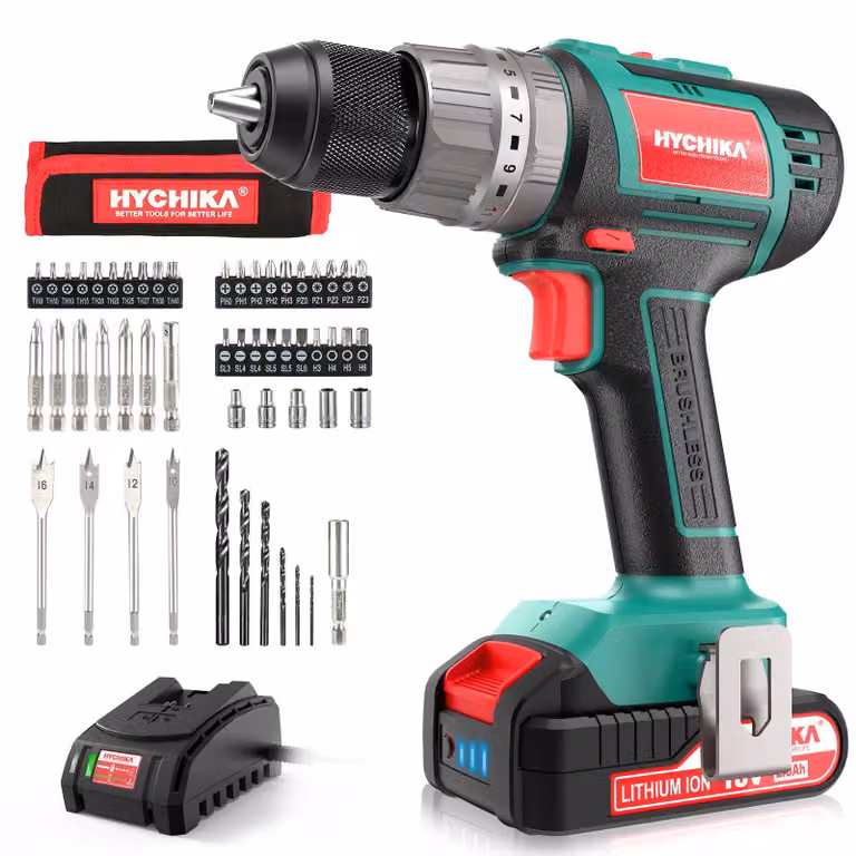 Trapano avvitatore a batteria HYCHIKA, 60Nm di coppia massima, 18V, motore brushless, con batteria da 2.0Ah e 53... (il resto del codice prodotto o numero di modello è mancante)