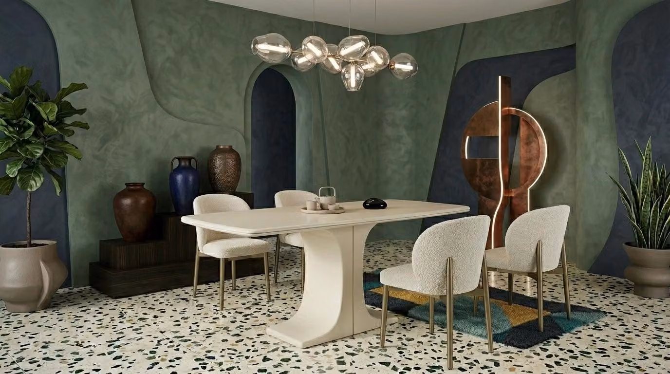 Set da pranzo moderno, bianco, in legno, composto da 4 sedie e un grande tavolo rettangolare
