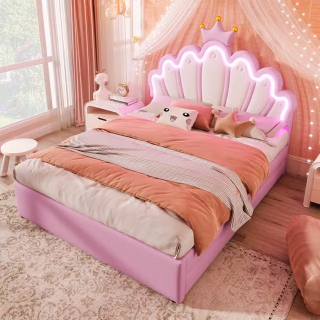 Letto per bambini OKWISH moderno in tessuto rosa con cassetti e luci LED sotto il letto, L/P/H: 140 x 200 x 103 cm