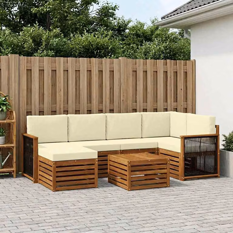 Set di divani da esterno vidaXL 6 pz in legno di acacia con tavolino e pouf, colore beige e bianco