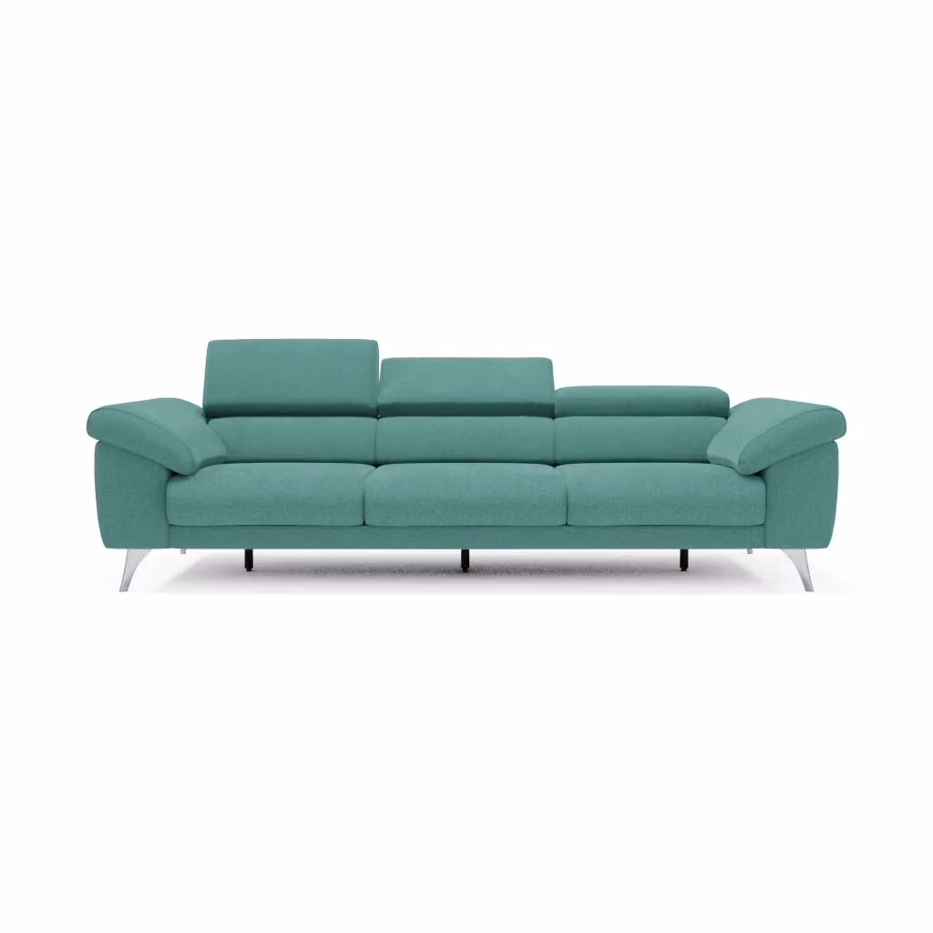 Divano Donatello Divani.Store con 3 sedute allungabili, braccioli contenitore e poggiatesta reclinabili in tessuto smacchiabile verde acqua, L: 265 cm – 2
