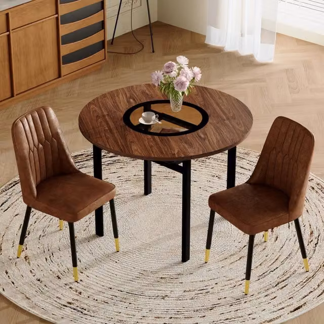 Tavolo da pranzo rotondo per 2-4 persone con ripiano in vetro e 2 sedie imbottite in tessuto marrone nero 100 cm
