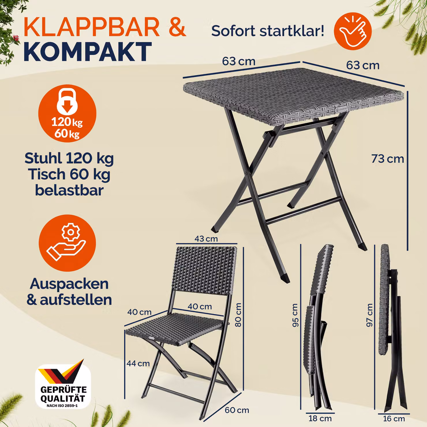 Set da esterno Casaria® in polyrattan nero composto da 3 pezzi pieghevoli per balcone e giardino – 3