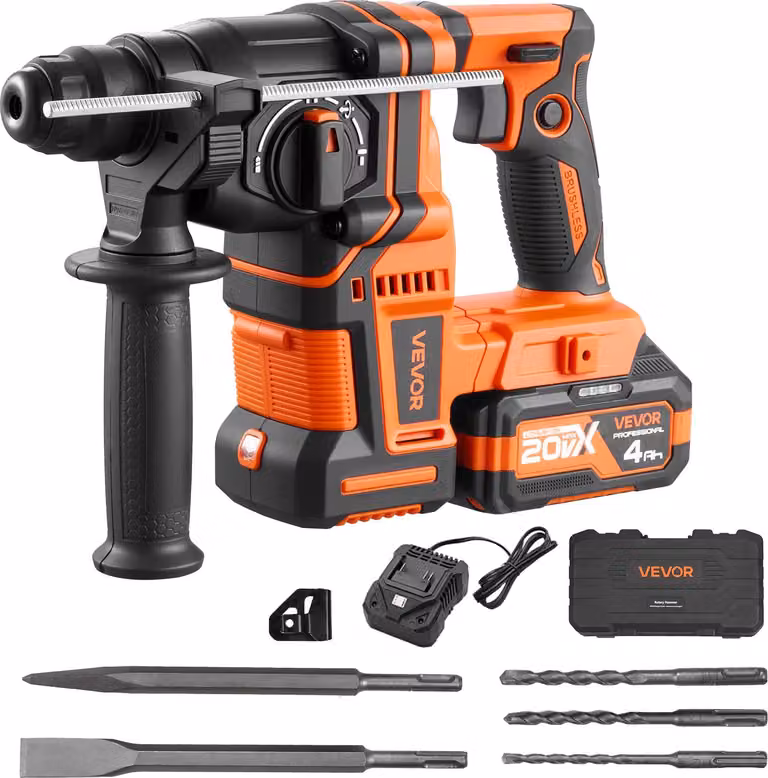 VEVOR Trapano a percussione a batteria 13/16 pollici SDS-Plus, 20 V Martello scalpellatore senza spazzole con caricabatteria e 3 punte e scalpello piatto e scalpello a punta e valigetta di trasporto, per cemento e muratura Nero Arancione