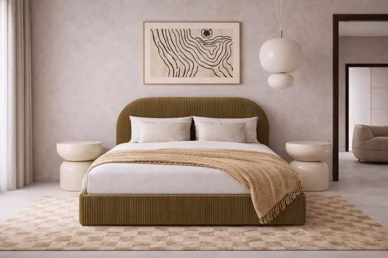 Letto Calúnená Sofello Moderno 90–200 × 200, testiera e fianchi arrotondati modello MOON, colore verde oliva, dimensioni 200 × 200, struttura in metallo, letto di alta qualità con spazio contenitore