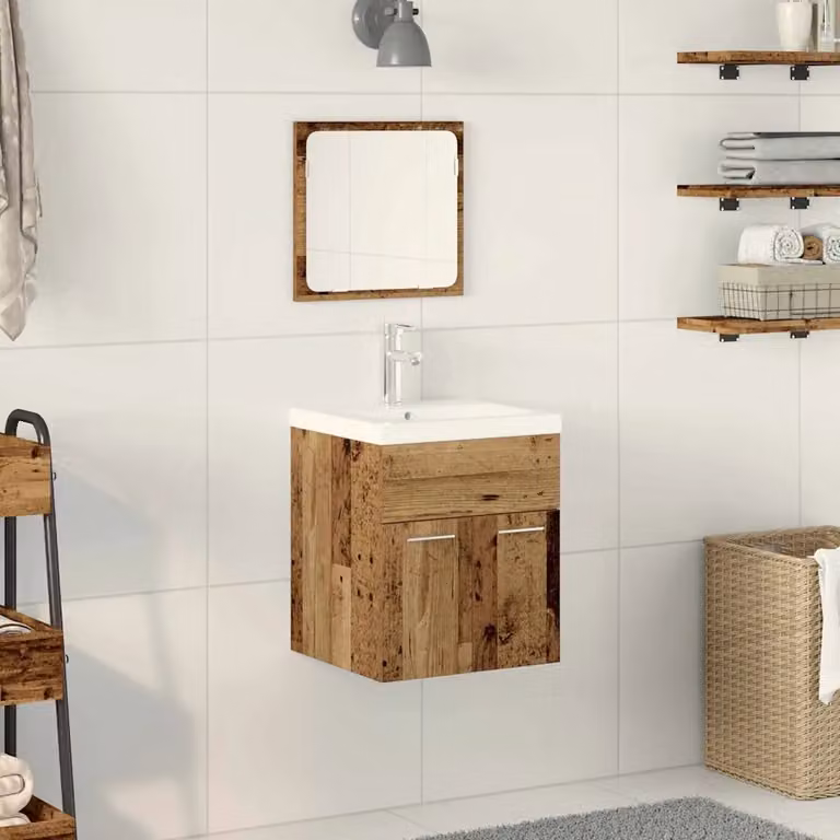 Set di mobili per il bagno vidaXL in 3 pezzi in legno e metallo color marrone con stile minimalista