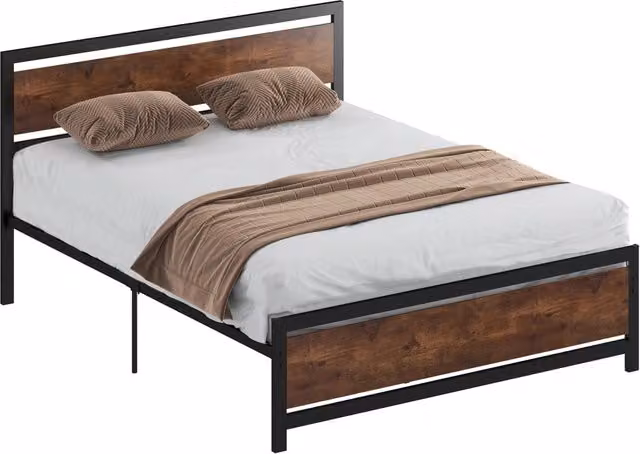 Struttura letto matrimoniale 200 x 160 cm in acciaio nero e legno scuro con rete e testiera, design industriale vintage robusto per camera