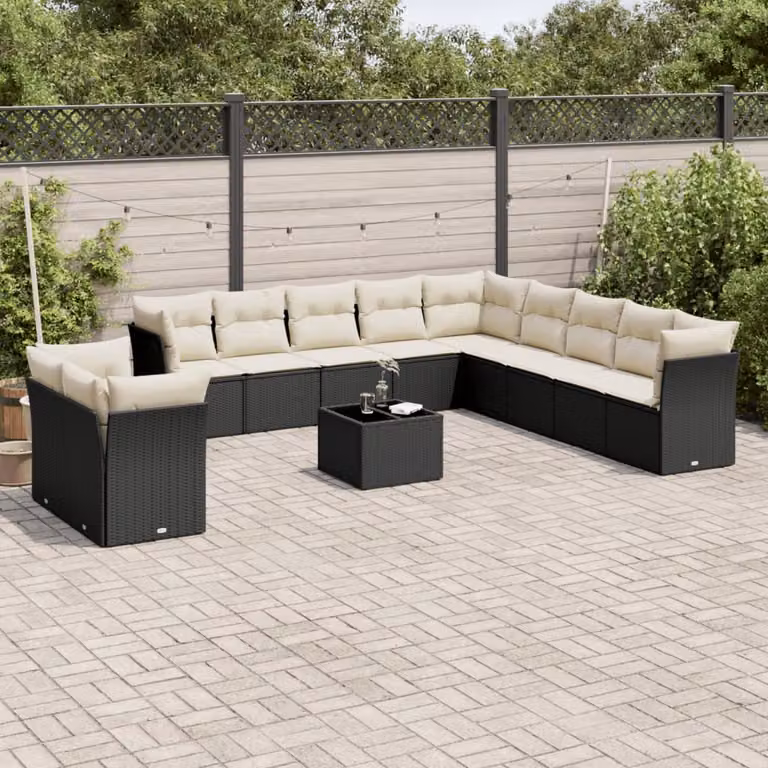 vidaXL Set Divani da Giardino a Forma di U con Cuscini e Tavolino da Esterno, Nero e Bianco, Struttura in Metallo e Polyrattan