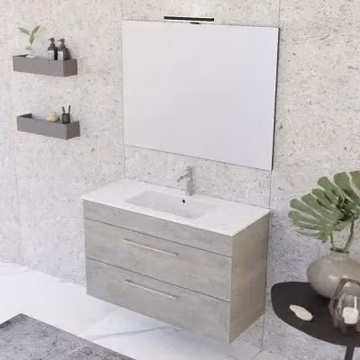 Mobile bagno sospeso INBAGNO Smart grigio legno con lavabo e specchio con illuminazione LED L: 100 cm, P: 43 cm, H: 62 cm – 1